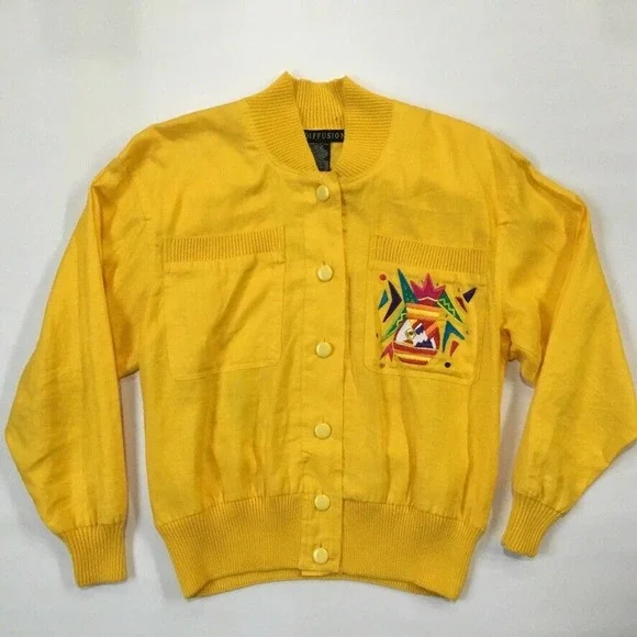 Vintage Floral Embroidered Jacket L Yellow Art to Wear Southwestern Flower - Picture 8 of 10